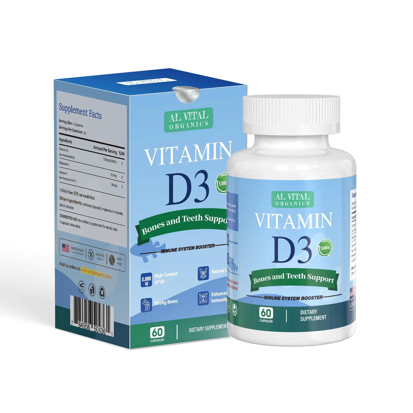 Al Vital Organics Vitamin D3 Capsules | Immune System Booster & Bone Health Support | Organic Ingredients | Healthcare Natural Dietary Supplement | Non-Gmo Gluten-Free | 60 Capsules