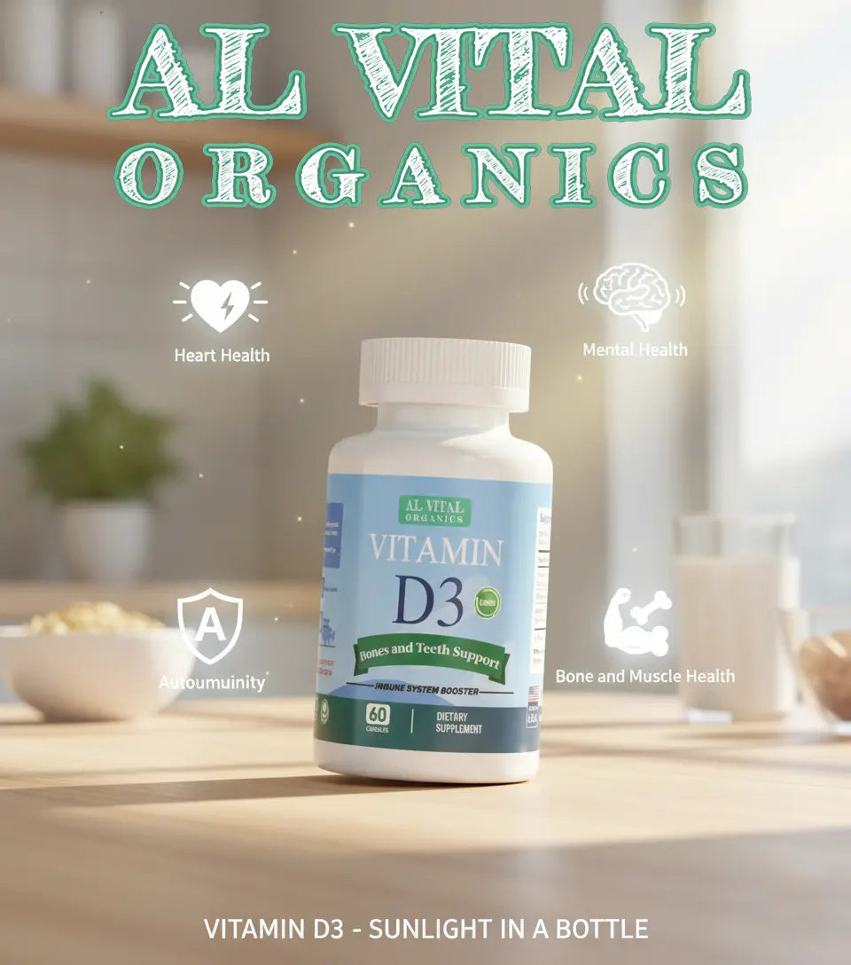 Al Vital Organics Vitamin D3 Capsules | Immune System Booster & Bone Health Support | Organic Ingredients | Healthcare Natural Dietary Supplement | Non-Gmo Gluten-Free | 60 Capsules