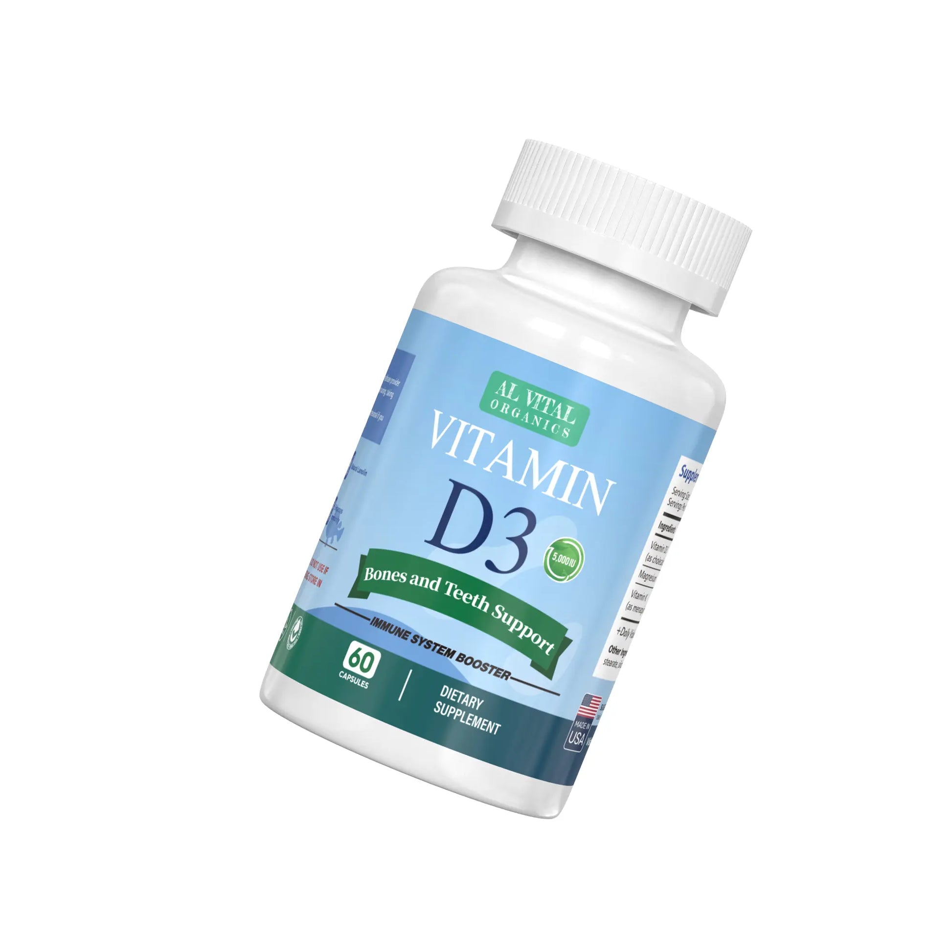 Al Vital Organics Vitamin D3 Capsules | Immune System Booster & Bone Health Support | Organic Ingredients | Healthcare Natural Dietary Supplement | Non-Gmo Gluten-Free | 60 Capsules