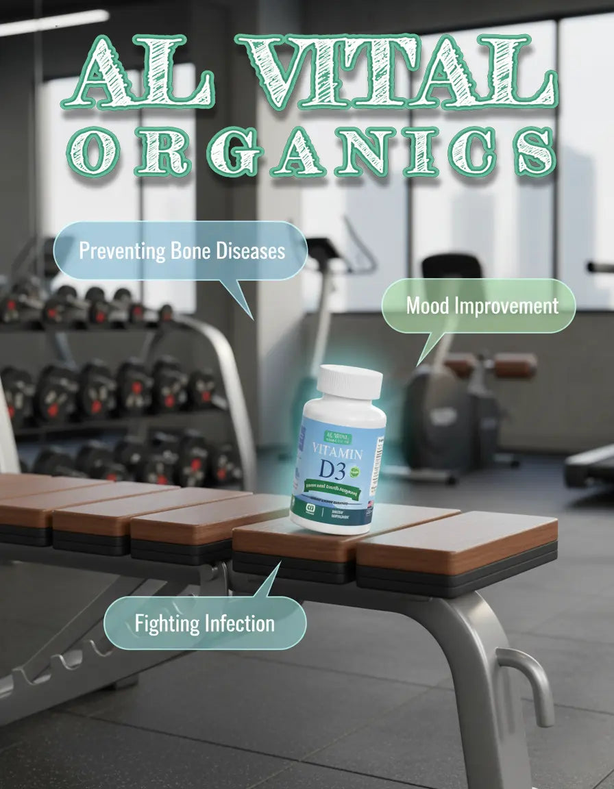 Al Vital Organics Vitamin D3 Capsules | Immune System Booster & Bone Health Support | Organic Ingredients | Healthcare Natural Dietary Supplement | Non-Gmo Gluten-Free | 60 Capsules